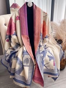 Women's Floral Print Fringe Trim Shawl, Casual Warm Thick Scarf for Fall & Winter, Fashion Accessories for Daily Wear, Blanket Scarf