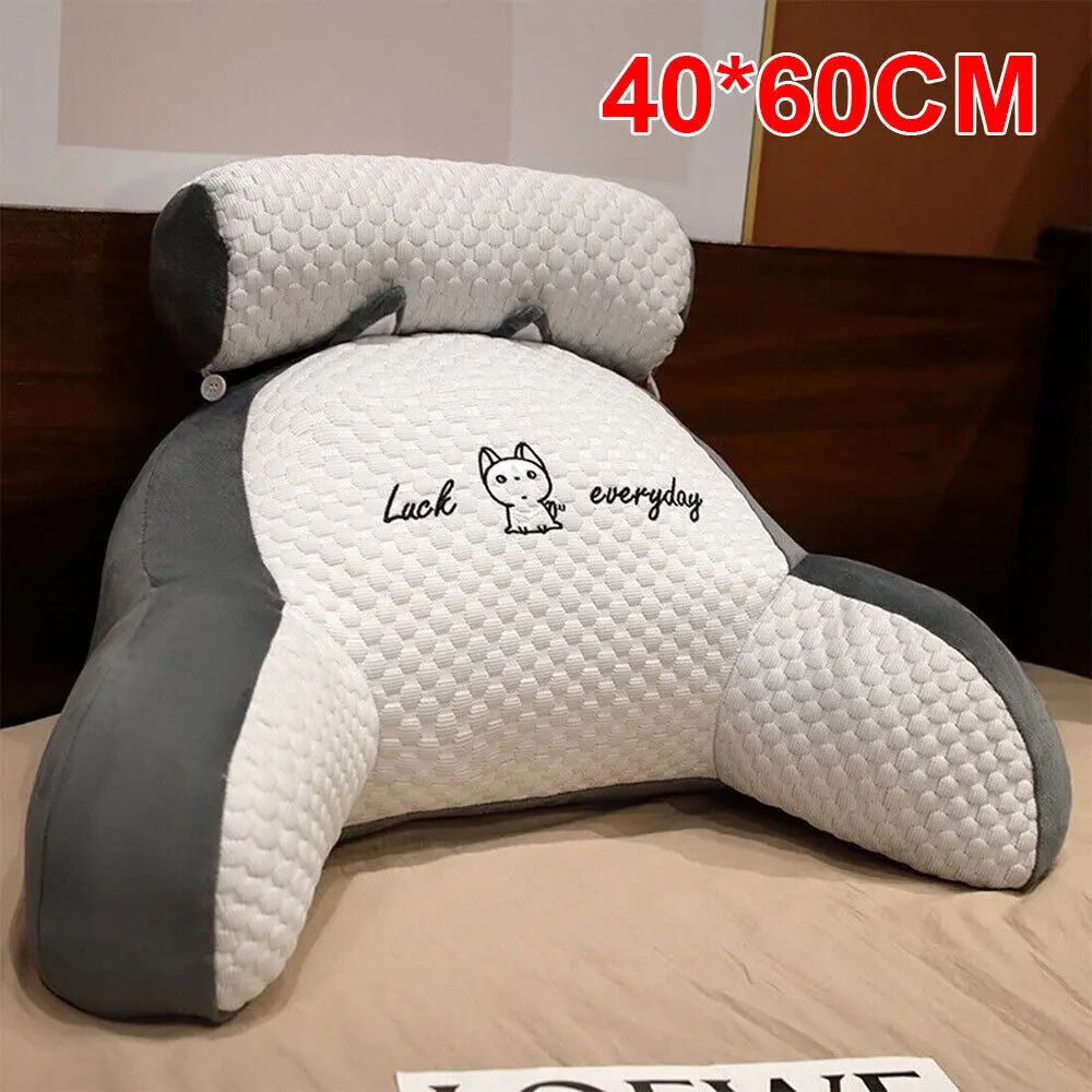 Bed Reading Pillow Back Rest Lumbar Support Arm Seat Lounger with Neck Cushion for Bed Adult – Back Pillow for Sitting in Bed, Standard Plush Bed Pillows for Sitting Up in Bed, Shredded Memory Foam Bed Chair Pillow with Arms and Pockets