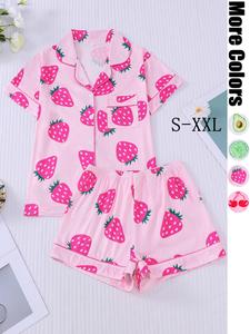 Women's All Over Lemon Print Short Sleeve Pajama Two-piece Set, Casual Comfy Button Up Shirt & Elastic Waist Shorts PJ Set, Ladies Sleepwear for All Seasons, Loungewear