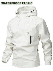 Men's Solid Color Drawstring Pocket Waterproof Hooded Jacket, Regular Fit Casual Long Sleeve Button Zipper Outerwear for Daily Wear, Men's Clothes for All Seasons