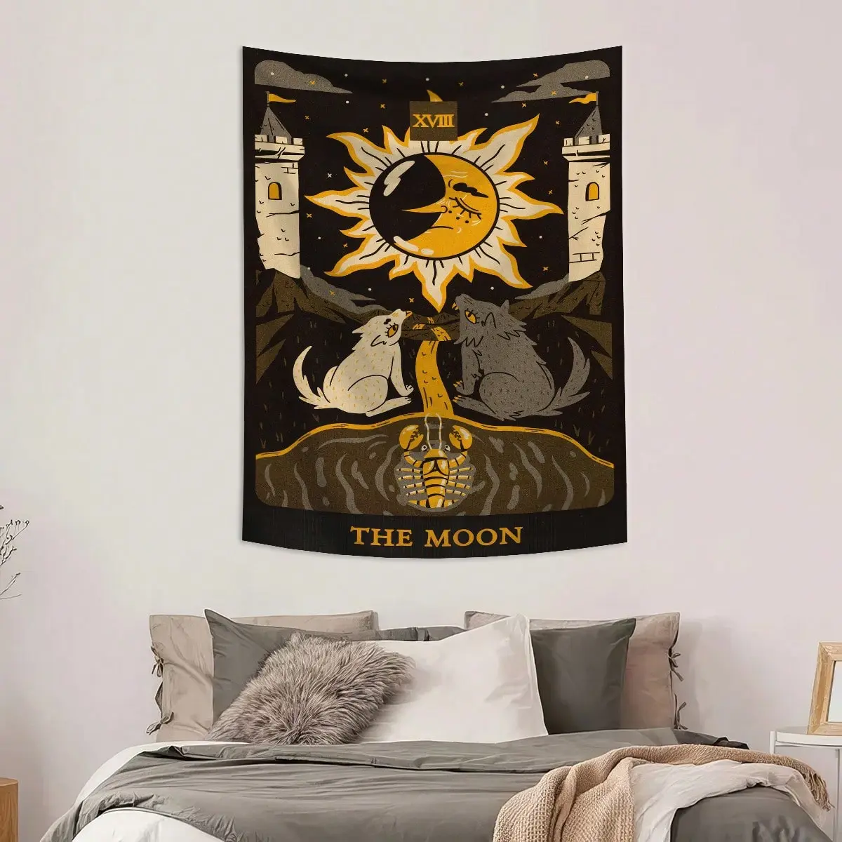 Wolf & Moon Shrimp Print Polyester Wall Tapestry, Hanging Decor for Living Room, Bedroom, Office & Kitchen, Includes Wall Nails & Clips, Perfect for Parties