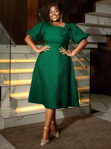 【Plus Size】 Glitter Bubble Sleeve High Waist Dress, Elegant Off Shoulder A Line Dress for Party Evening, Women's Plus Clothing for Summer