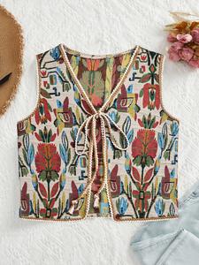 Women's Floral Pattern Tie Front V Neck Vest, Casual Bohemian Sleeveless Outerwear for Beach Vacation Holiday, Ladies Clothes for All Seasons, Summer Womenswear, Boho Vneck Tops, Fitted Crop Top