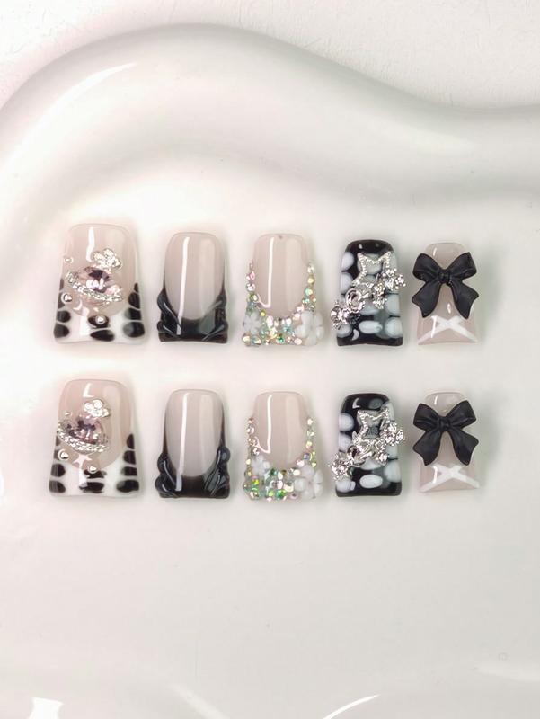 10pcs/Set Handmade Duck Mouth Shaped Nail Tips, Y2K Baddie Style, Nude, White, Black Nail Art Design 0