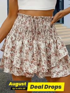 Women's Floral Print Frill Trim Shirred Tiered Layer Shorts, Casual Lightweight High Waist Tie Front Wide Leg Shorts for Spring & Fall, Women's Bottoms for Daily Wear, Summer Rara Skirts