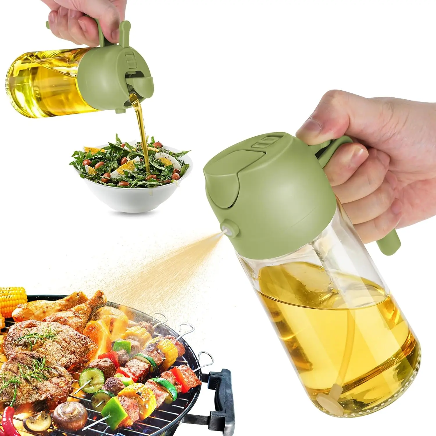 Oil Sprayer for Cooking, 470ml 2 In 1 Glass Olive Oil Sprayr & pourer for Kitchen, Air Fryer, Cooking, Salad, BBQ (Green)