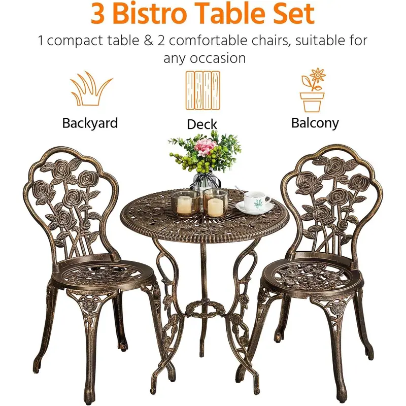 3-Piece Patio Bistro Set, Outdoor AluminumTable and Chairs, Garden Dinging Furniture, Rose Design for Balcony, Porch, Lawn, Pool, Bronze 4