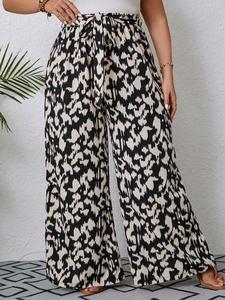 Plus Size All Over Print Belted Wide Leg Pants, Boho Casual Trousers for Women, Women's Bottoms for Summer