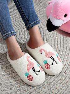Women's Cute Flamingo & Pineapple Embroidery Design Plush Slippers, Casual Soft Comfortable Home Slippers, Warm Slippers for Indoor & Outdoor Use for Women & Girls, White Walking Shoes, Footwear