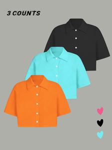 Women's Solid Color Short Sleeve Curved Hem Shirt, Casual Button Up Top for Summer, Ladies Clothes for Daily Wear