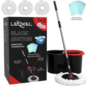 Leoxol Upgrade 360 Floor Magic Spin Bucket Set with 3 extra Microfiber Heads & 30 pcs cleaning sheets  - 13 Liter Capacity, Adjustable Cleaning - Marble Tiled Surfaces flat 360 viral rotating spinning mops with handle rotatable white sturdy mop