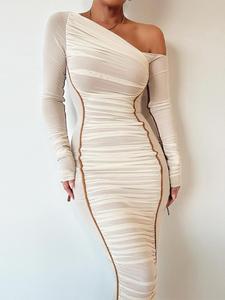 Women's Striped Ruched Asymmetrical Neck Bodycon Dress, Elegant Long Sleeve Long Dress for Party Club Dating Wear, Women's Clothing for Spring & Fall