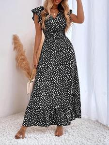 Women's All Over Print Ruffle Trim Butterfly Sleeve Long Dress, Boho Cap Sleeve V Neck Wrap A Line Dress for Holiday Vacation, Summer Outfits 2024, Ladies Dress for Summer