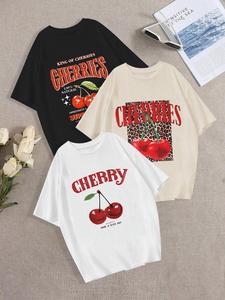 Women's Cherry Print Round Neck Tee, Casual Short Sleeve T-shirt for Summer, Ladies Clothes for Daily Wear, Summer Tops, Womenswear, Graphic Tee, Funny Graphic Tees, Tshirt