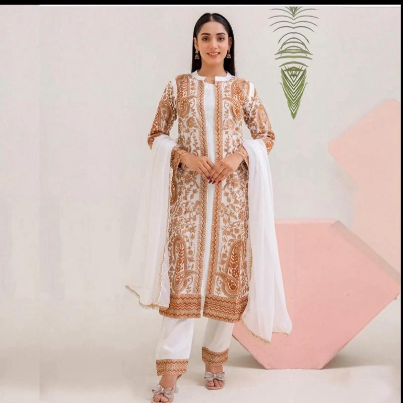 Luxury linen jacket style embroidered 3pcs salwar kameez 3