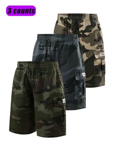 Men's Plain / Camo Print Letter Patched Drawstring Waist Cargo Shorts, Comfortable Breathable Camouflage Print Flap Pocket Shorts for Daily Wear, Men's Bottoms for All Seasons, Drawstring Athletic Shorts, Casual Street Shorts, Lightweight Casual Shorts