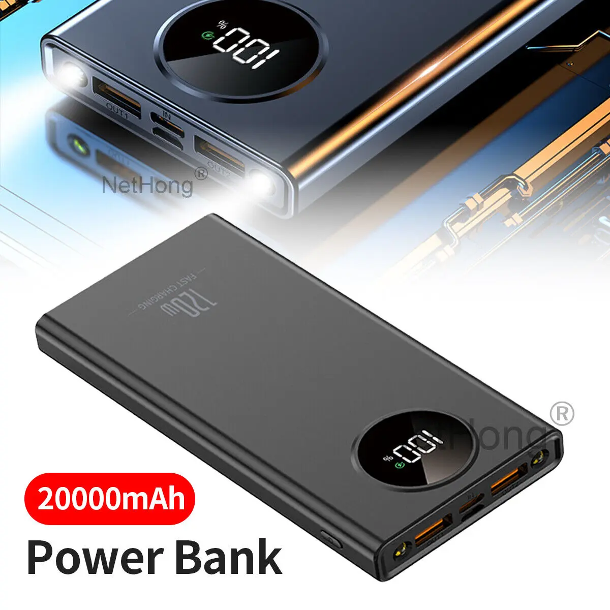 Super Fast Charger 20000mAh Power Bank with 2 USB Ports - External Battery for Mobile Phones, Black - Charging, Cable power  bank  charger