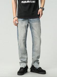 Men's Zipper Design Straight Leg Jeans, Loose Casual Comfy Denim Pants for Daily Wear, Woven Bottoms for All Seasons, Cotton