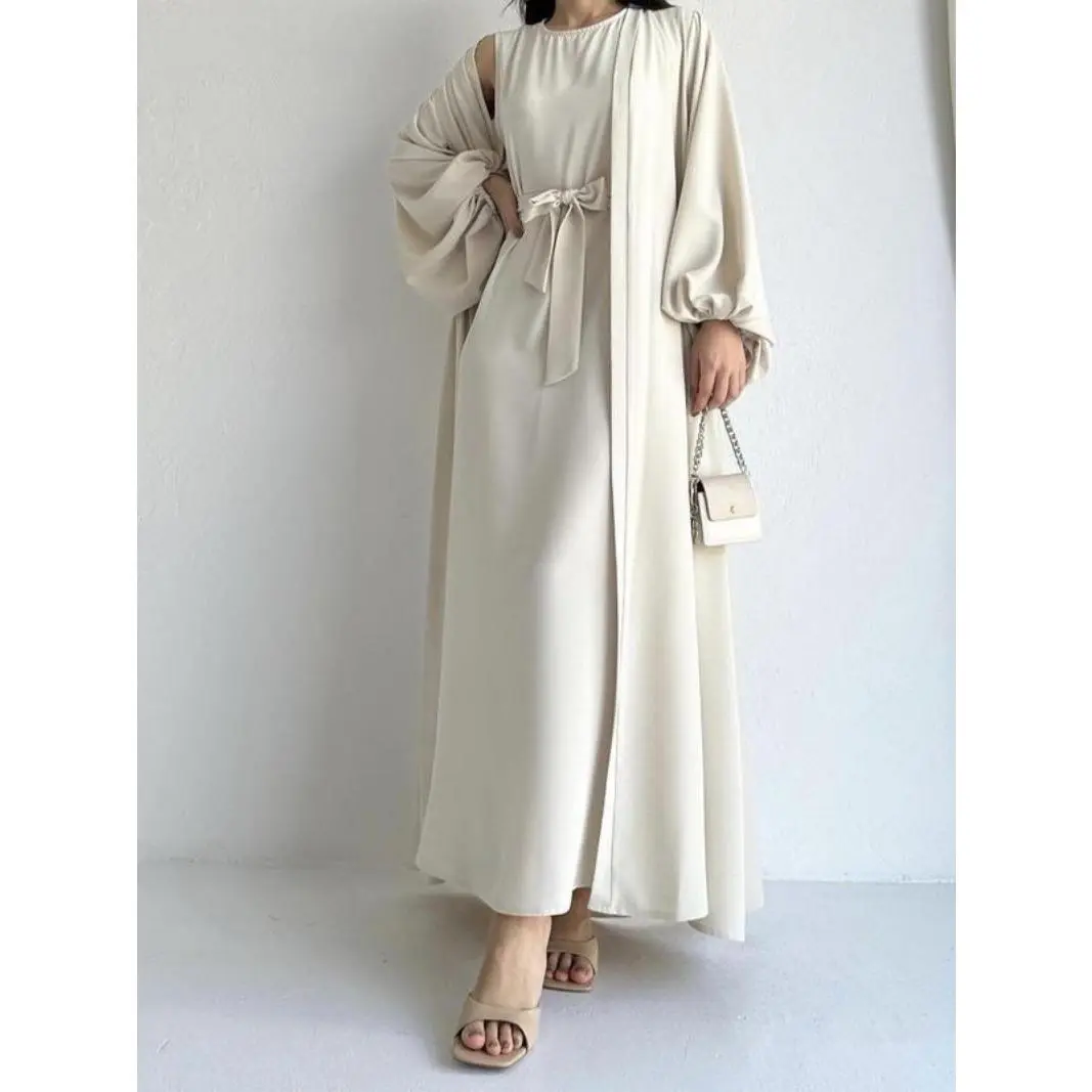 Arabic Clothing-women's Plain Lantern Sleeve Abaya & Belted Tank Dress without Hijab, Elegant Long Sleeve Outerwear & Long Dress, Co-ord Sets, Women's 2 Piece Sets
