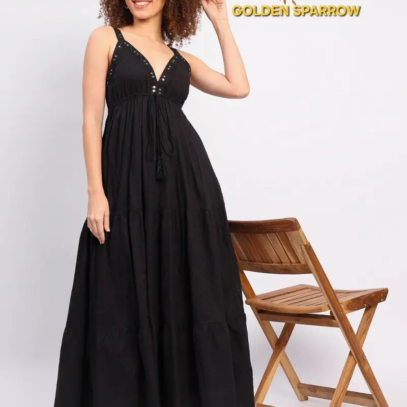 Boho Summer Dress for Women and Girls with Side Pockets - Casual Style - Womenswear Cotton Soft Comfortable Black Breathable 2