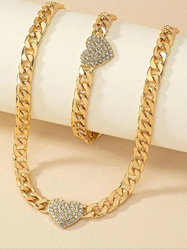 Women's Elegant Rhinestone Decorated Heart Design Necklace & Bracelet Set, Exquisite Trendy Chain Design Jewelry Set, Fashionable Jewelry Set As Gift for Women Gifts For Girlfriend, Valentine's Day, Gift 1