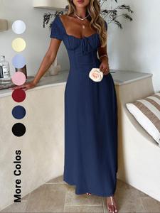 Women's Solid Backless Tie Front Dress, Casual Fashion Short Sleeve Long Dress for Summer, Women's Clothing for Beach Holiday