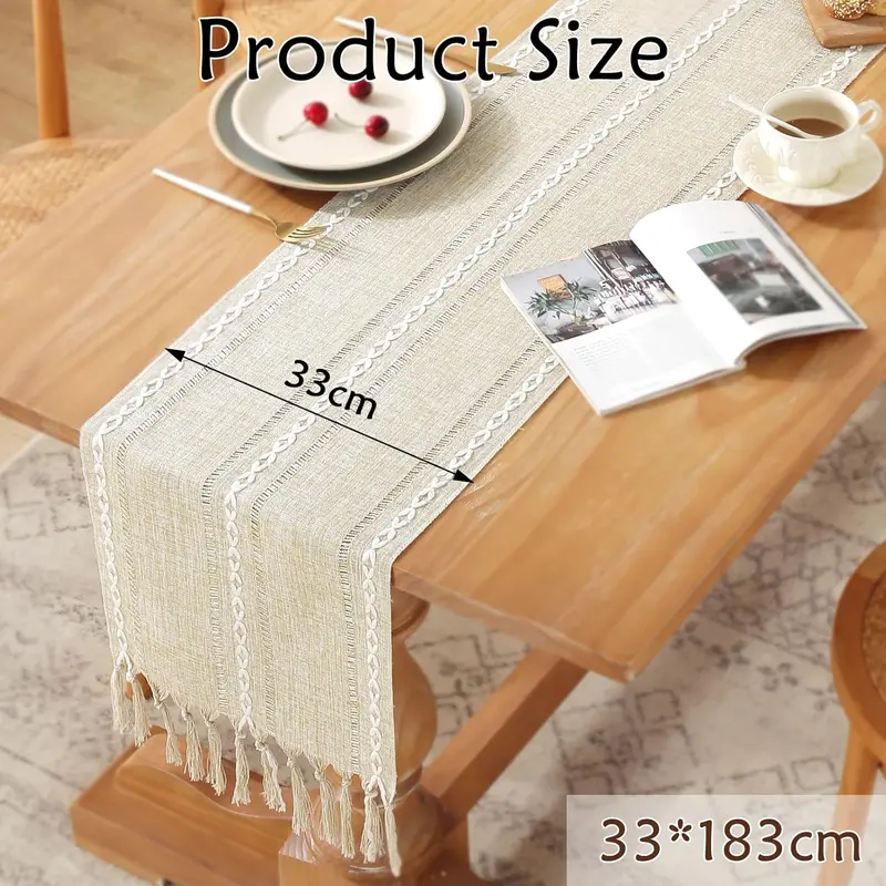Table Runner Handmade with Tassels, Farmhouse and Rustic Boho Style, Handwoven Linen in Cream Ivory for Dining Table, Kitchen, Weddings Decoration, 183x33 cm 1