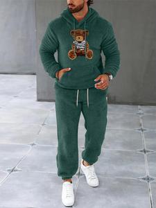 Men's Cartoon Bear Hoodie & Pants Set, Casual Long Sleeve Hooded Sweatshirt & Trousers, Men's Fall & Winter Clothes