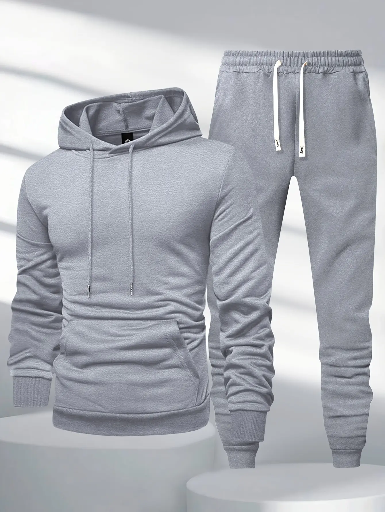 1set Men'S Casual Polyester Sweat Suit, Solid Color Long Sleeve Pullover Hoodie with Drawstring Waist Joggers, Knitted Athletic Loungewear Set for Spring/Autumn