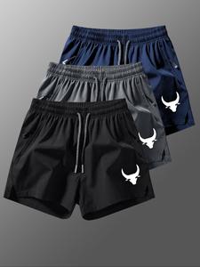 Men's Bull Head Print Zipper Pocket Drawstring Waist Shorts, Regular Fit Casual Comfy Breathable Shorts for Summer, Men's Bottoms for Daily Wear
