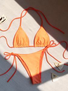 Two-piece Set Women's Solid Tie Back Bikini Set, Halter Triangle Bra & Tie Side Thong Bikinis for Summer, Swimsuit Sets, Summer Fit Halter Neck Bikini