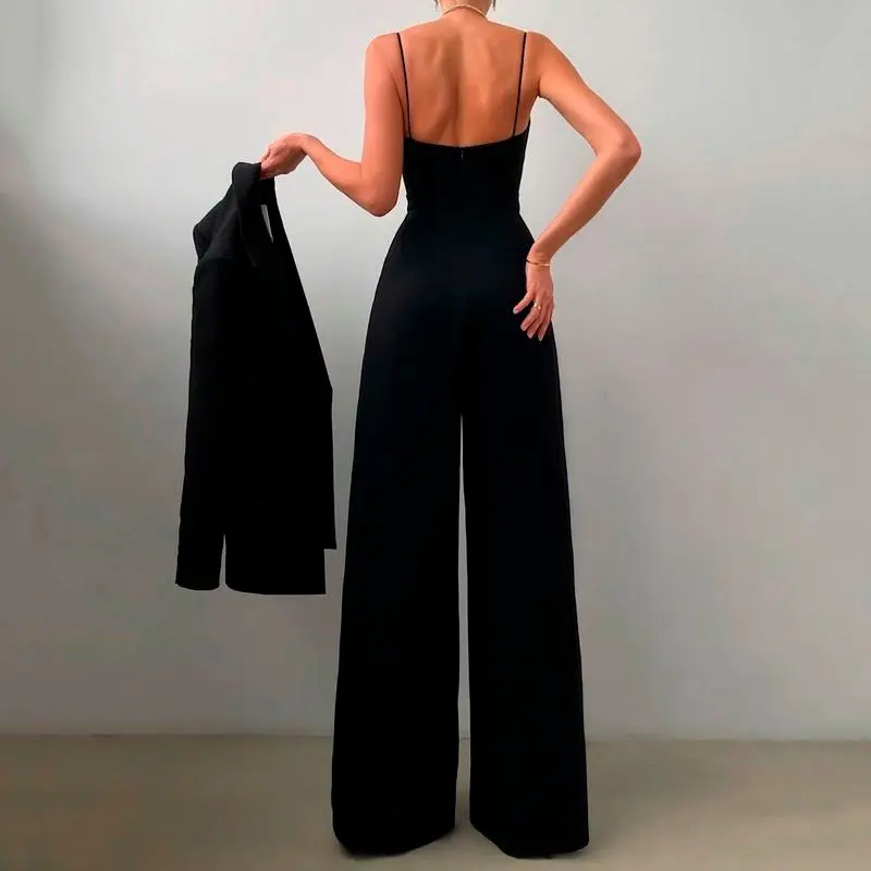[2025]Elegant Suspenders V Neck Jumpsuit Women Fashion Sleeveless Backless High Waist Jumpsuit Solid Color Party Overalls For Women 1