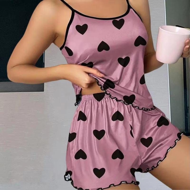 Women's Pajama Set Pajamas T-Shirts Shorts Pink Heart-Shaped Print Round Neck T-Shirt Ice Silk Top Comfortable Casual Summer 1