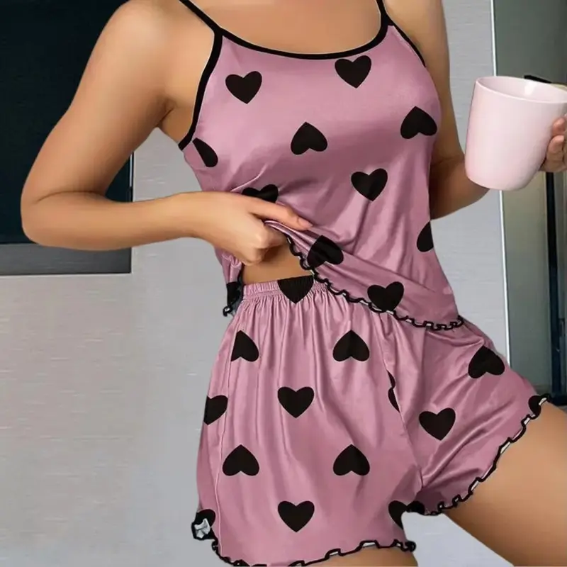 Women's Pajama Set Pajamas T-Shirts Shorts Pink Heart-Shaped Print Round Neck T-Shirt Ice Silk Top Comfortable Casual Summer 1