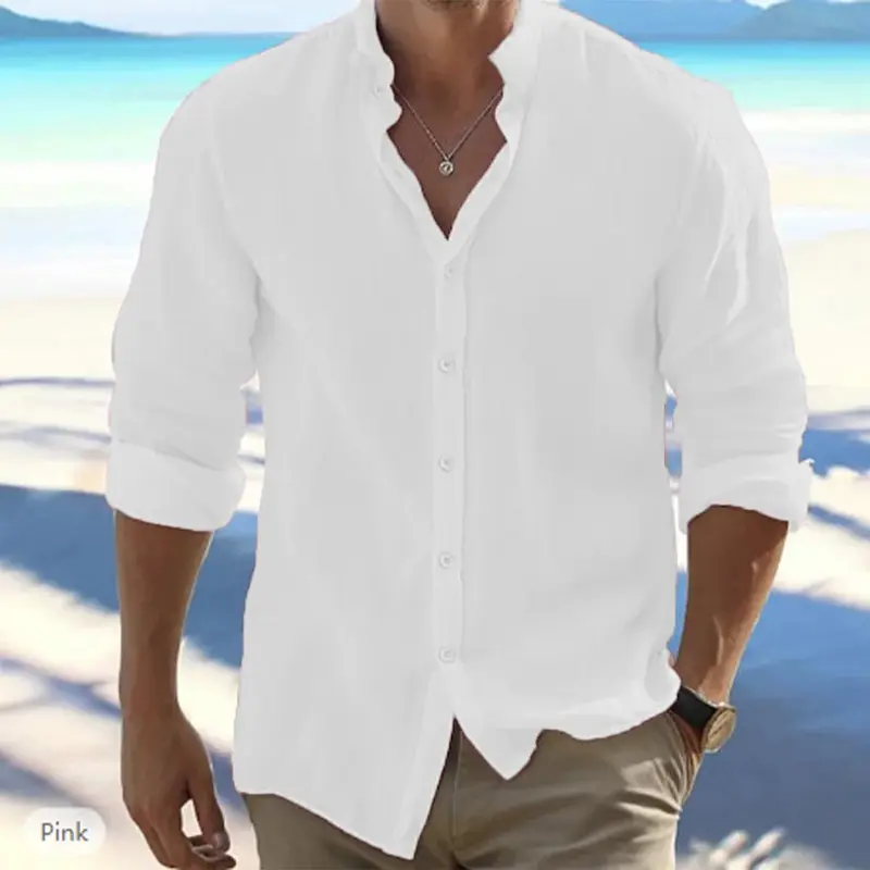 Cotton Linen Hot Sale Men's Long-Sleeved Shirts Summer Solid Color Stand-Up Collar Casual Beach Style Plus Size 2