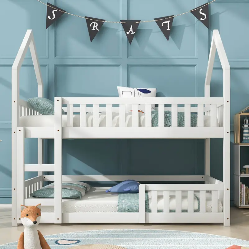 Bunk Bed, Twin Sleeper Bed with Ladder, Solid Wood Frame 3FT Single bed, Gaming Bed, Castle-shaped Bed 90 x 190 cm Children's Bed room Furniture, Wooden Bed Frame for Kids Children (White) 1