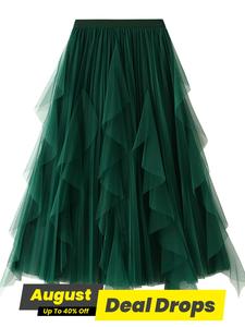 Women's Plain Draped Ruffle Pleated Tulle Skirt, Elegant Midi A-line Fitted Skirt for Party Dating Wear, Ladies Spring & Fall Bottoms