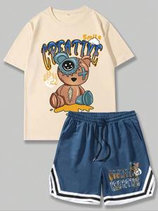 Two-Piece Set Men's Cartoon Bear Print Short Sleeve Crop Tee & Shorts Set, Regular Fit Casual Round Neck Graphic T-shirt & Track Shorts, Summer Clothes Set for Men