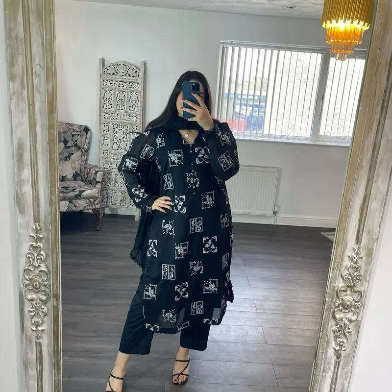 FIZA Three Piece Embroidery with Silk Dupatta - Women's Asian Clothing Set - Womenswear