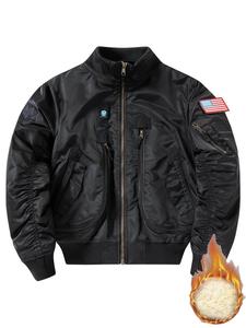 Men's Solid Zip Up Ruched Patched Thermal Lined Jacket, Casual Fashion Regular Fit Drop Shoulder Long Sleeve Outerwear for Daily Wear, Men's Clothing for Fall & Winter