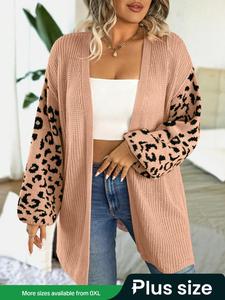 【Plus Size】 Leopard Print Drop Shoulder Split Hem Cardigan, Casual Elegant Long Sleeve Open Front Knitwear for Spring & Fall, Gift Set for Women, Women's Plus Clothing for Daily Wear