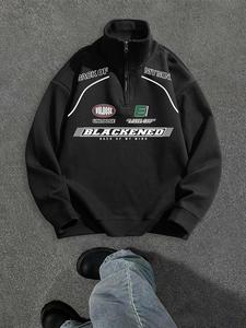 Men's Letter Print Zip Up Sweatshirt, Loose Casual Long Sleeve Pullover for Spring & Fall, Fashion Men's Top for Daily Wear