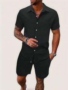 Two-piece Set Men's Regular Fit Solid Textured Short Sleeve Shirt & Shorts, Casual Plain Summer Set for Men, Mens Clothes for Beach Vacation, Shortsleeve, Menswear, Tropical, Summer Outfits 2025, Black