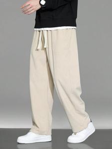 Men's Solid Color Corduroy Pants, Loose Casual Comfy Straight Leg Trousers for Summer, Woven Bottoms for Men