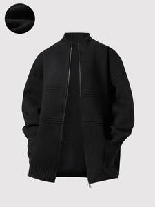 Men's Solid Pocket Zipper Cardigan, Loose Casual Long Sleeve Funnel Neck Knitwear for Fall & Winter, Men's Knit Clothing for Daily Wear