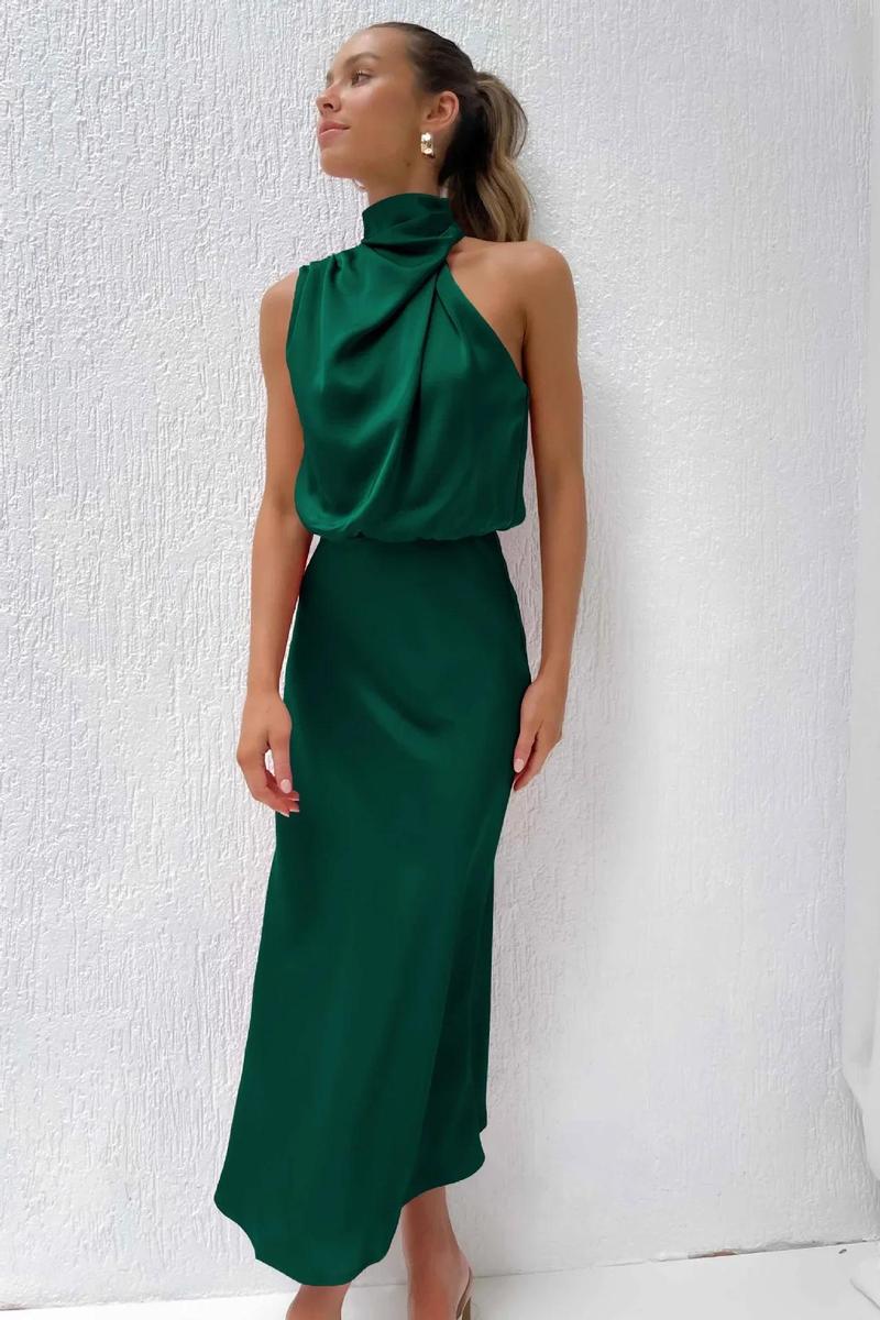 Product Introduction of 2025 Spring/Summer Long Dress for Women High Waist Halter Satin Sleeveless Dress Fashion Elegant Solid Evening Party Dresses 12