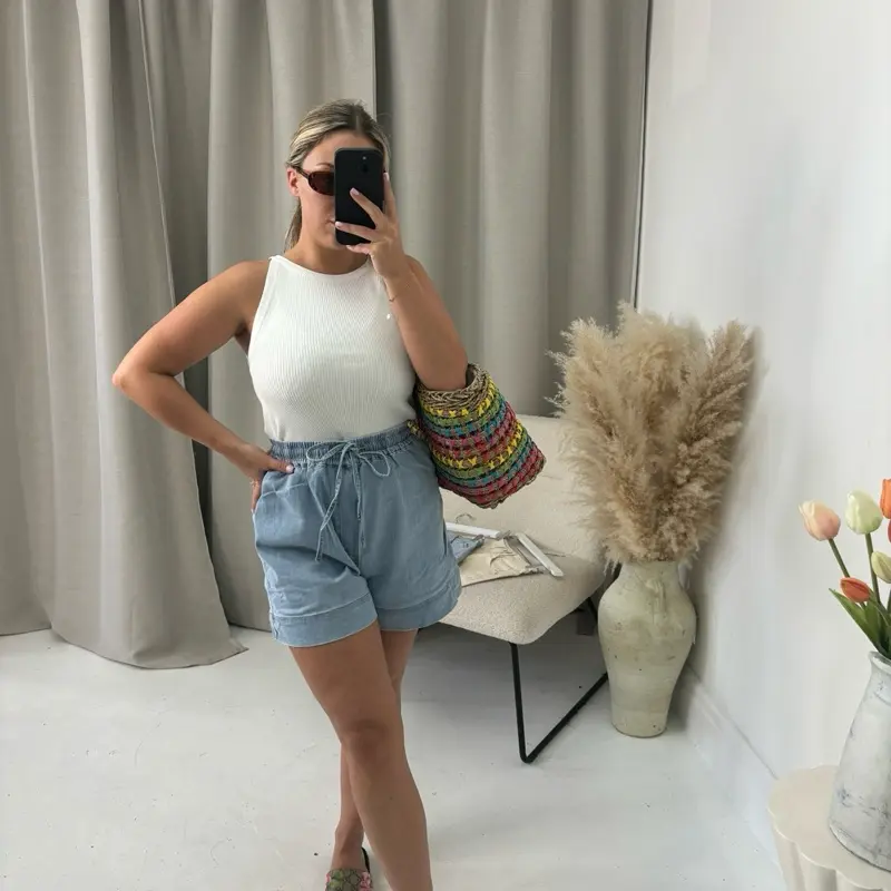TONI Tie Waist Stretchy Fabric Paper Bag Style Thin Denim Holiday Casual Summer Shorts - 2909 5