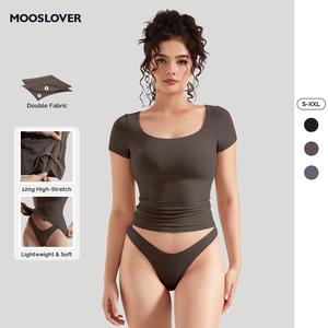 Mooslover UK 120g Ultra-Stretch Fabric Lightweight Square Neck Short Sleeve T-Shirt Double Layer Fabric Breathable Fit Buttery-Soft Womenswear