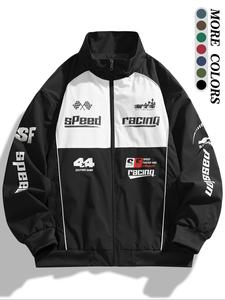 Men's Colorblock Letter Print Zip Up Jacket, Regular Fit Casual Pocket Funnel Neck Windproof Outerwear for Daily Wear, Men's Clothes for All Seasons