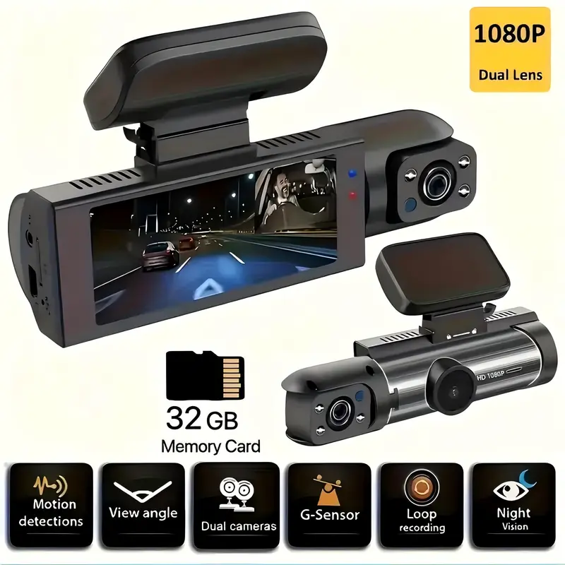 1080P Dual-Camera Car DVR with 8.03cm IPS Screen - Front & Interior View, Loop Recording, Wide Angle Lens, Infrared Night Vision, Rechargeable Battery 5